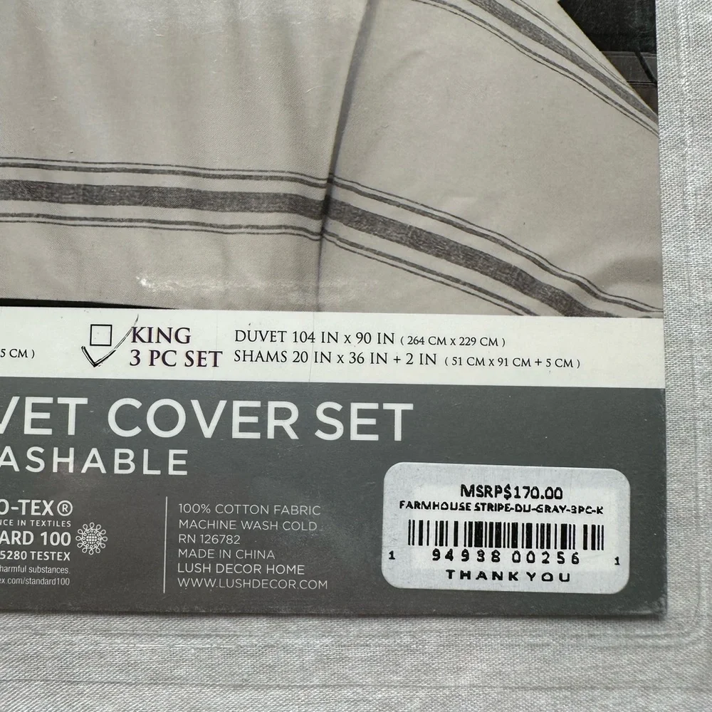 Lush Décor Farmhouse Stripe 100% Cotton Duvet Cover Set Gray